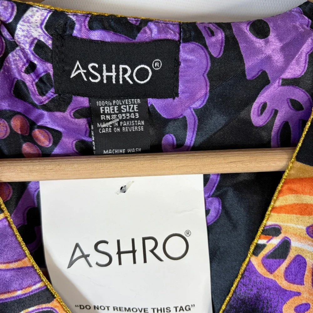Ashro Kaftan Women Free Size Purple Orange Paisley Satin V-Neck Kimono Sleeve